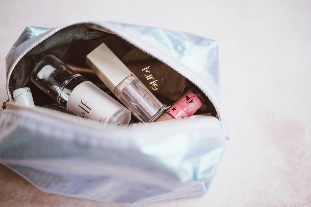 Travel toiletries and liquids packed in a clear protective pouch